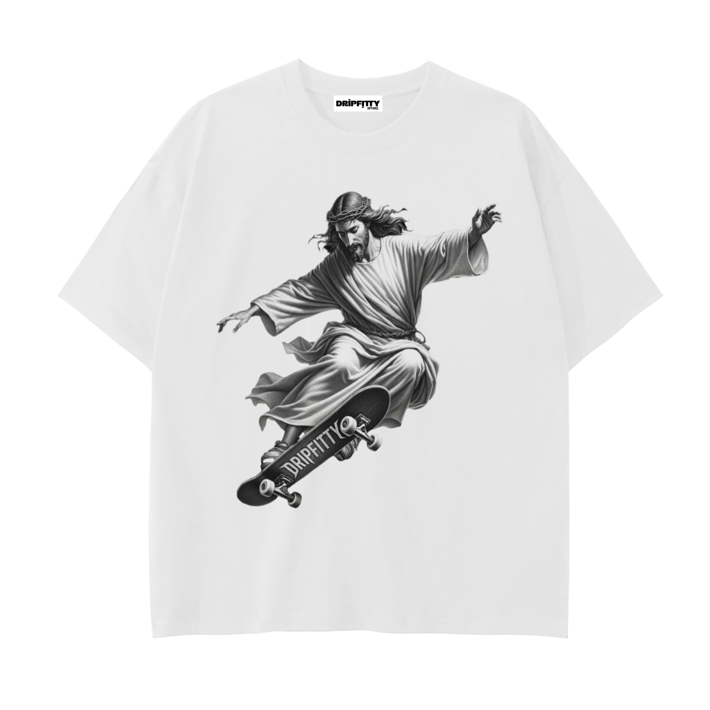 Jesus Saves. Skaters Shred. - Drop Shoulder Cotton T-Shirt