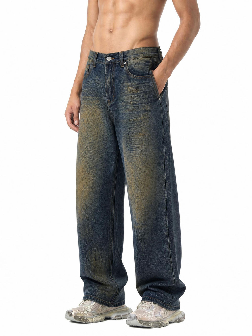 MB0034 - Men's Vintage Wash Wide Leg Denim Jeans