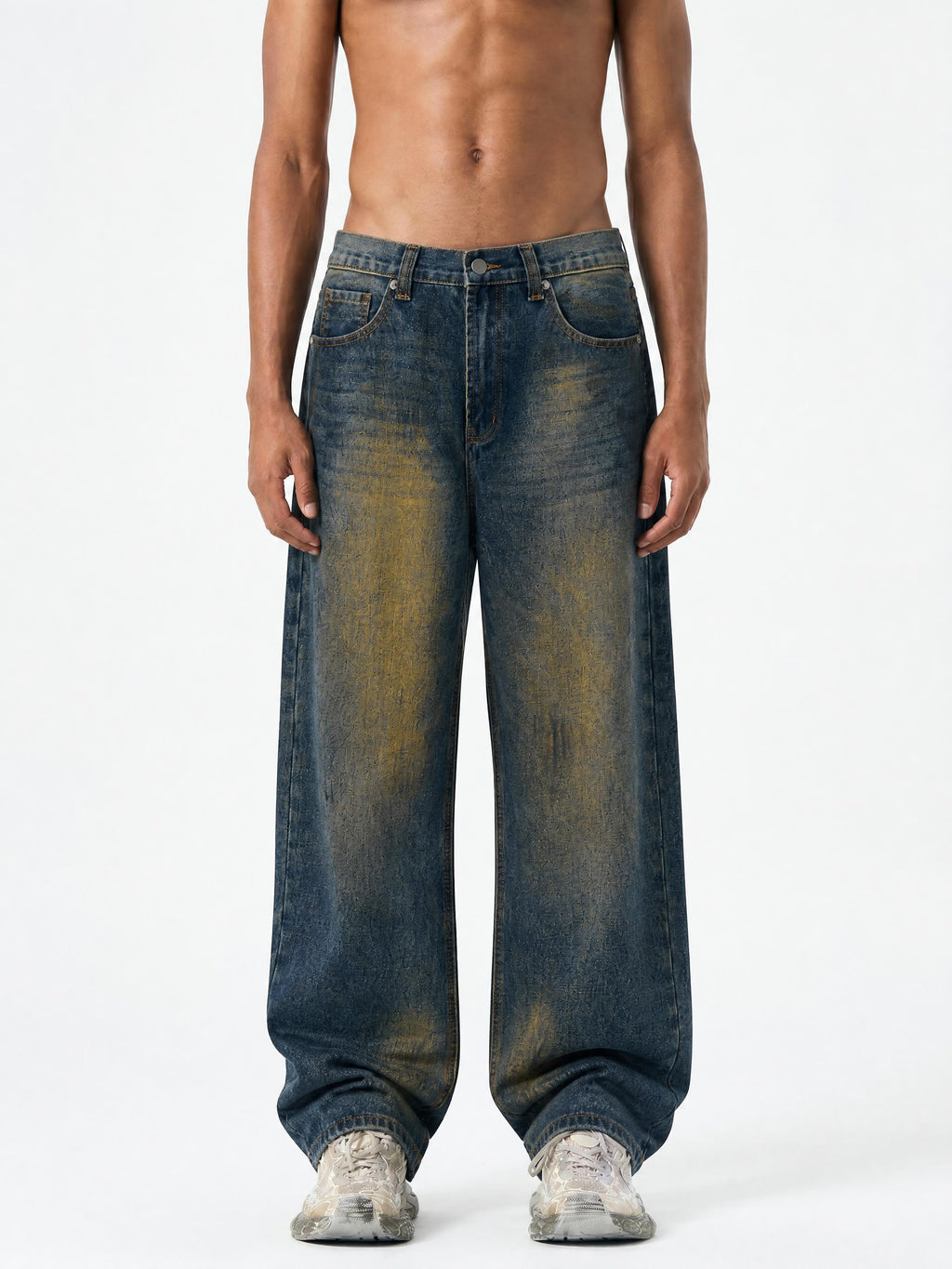 MB0034 - Men's Vintage Wash Wide Leg Denim Jeans