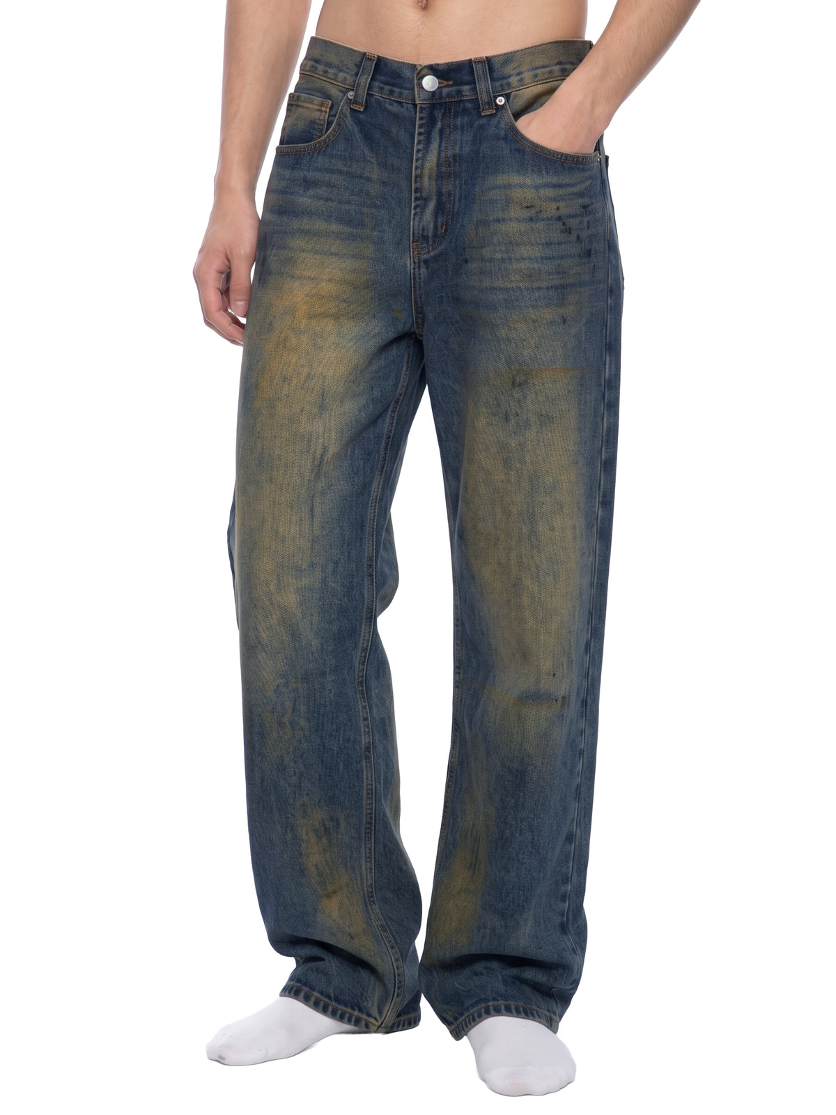 MB0034 - Men's Vintage Wash Wide Leg Denim Jeans